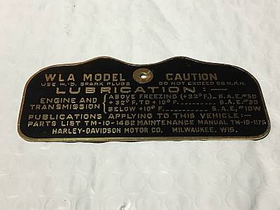 Harley WLA Military Data Plate Tank Nomenclature Tag 194243 OEM# 353140M