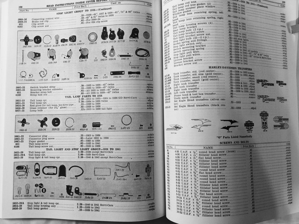 Harley Parts Manual Catalog Book 1930 to 1941 VL D R Knucklehead UL Servicar