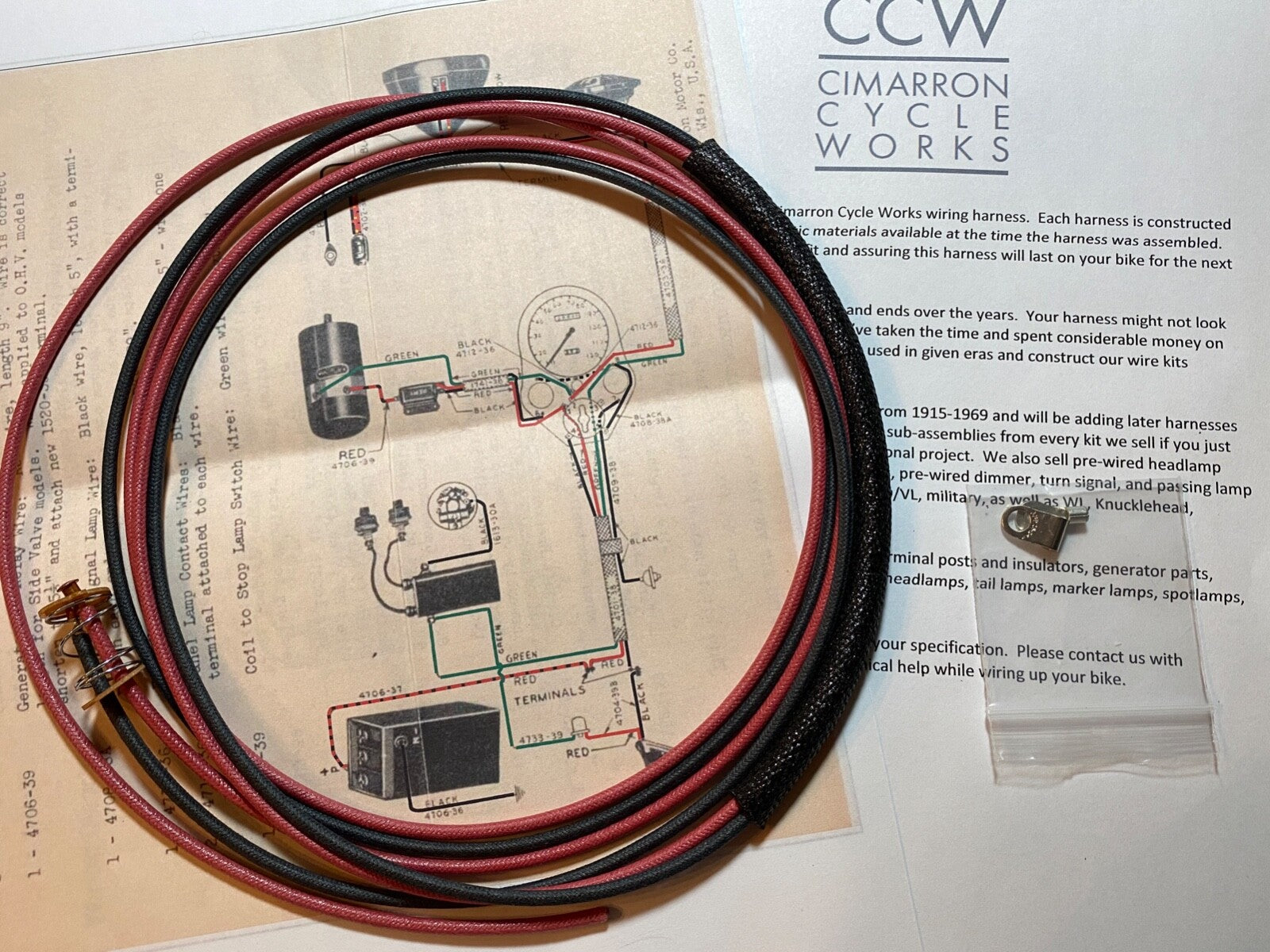 Harley 1939-1947 Tail Lamp Light Wiring Harness Wire Kit Solid Colors 4704-39B