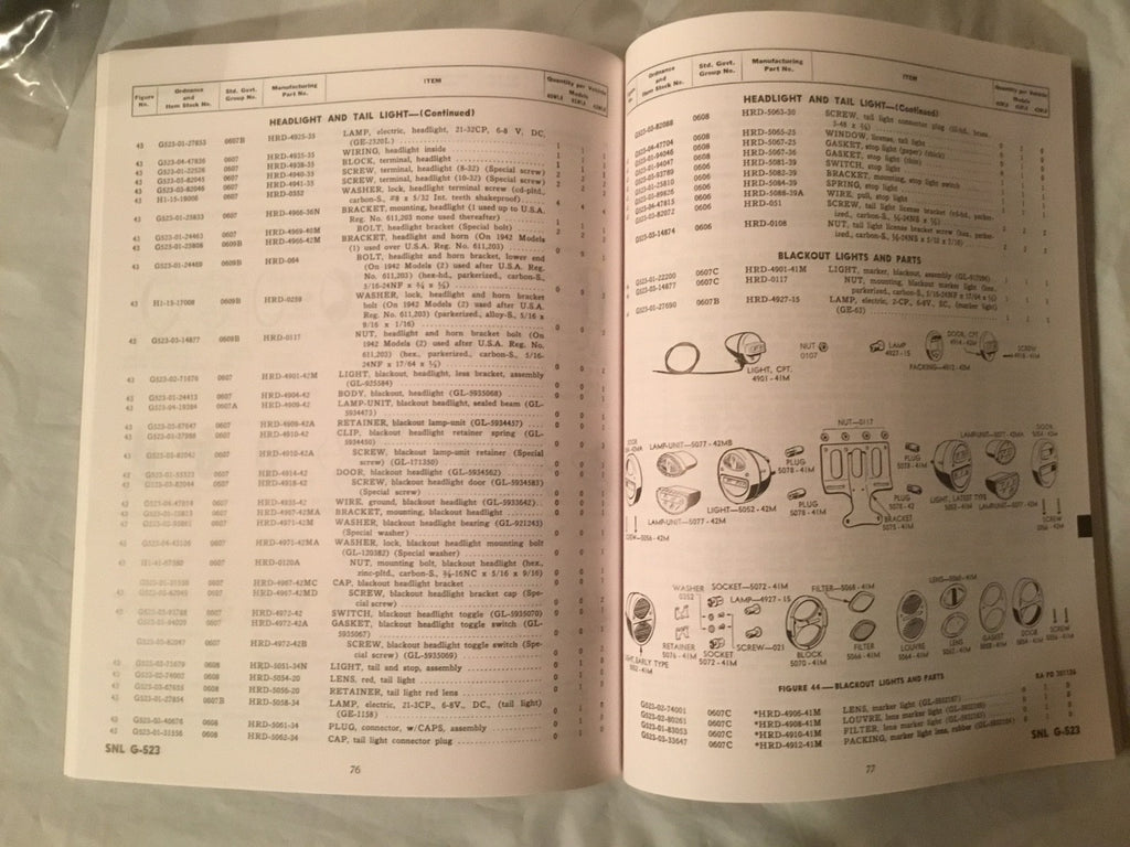 Harley WLA WLC Spare Parts Catalog Manual Book WWII 1942-1945 SNL G-523