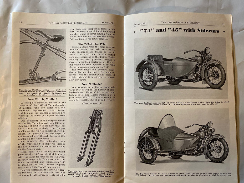 Harley Enthusiast Model Intro Issue 1932 Models Aug 1931 DL 21" Single V VL