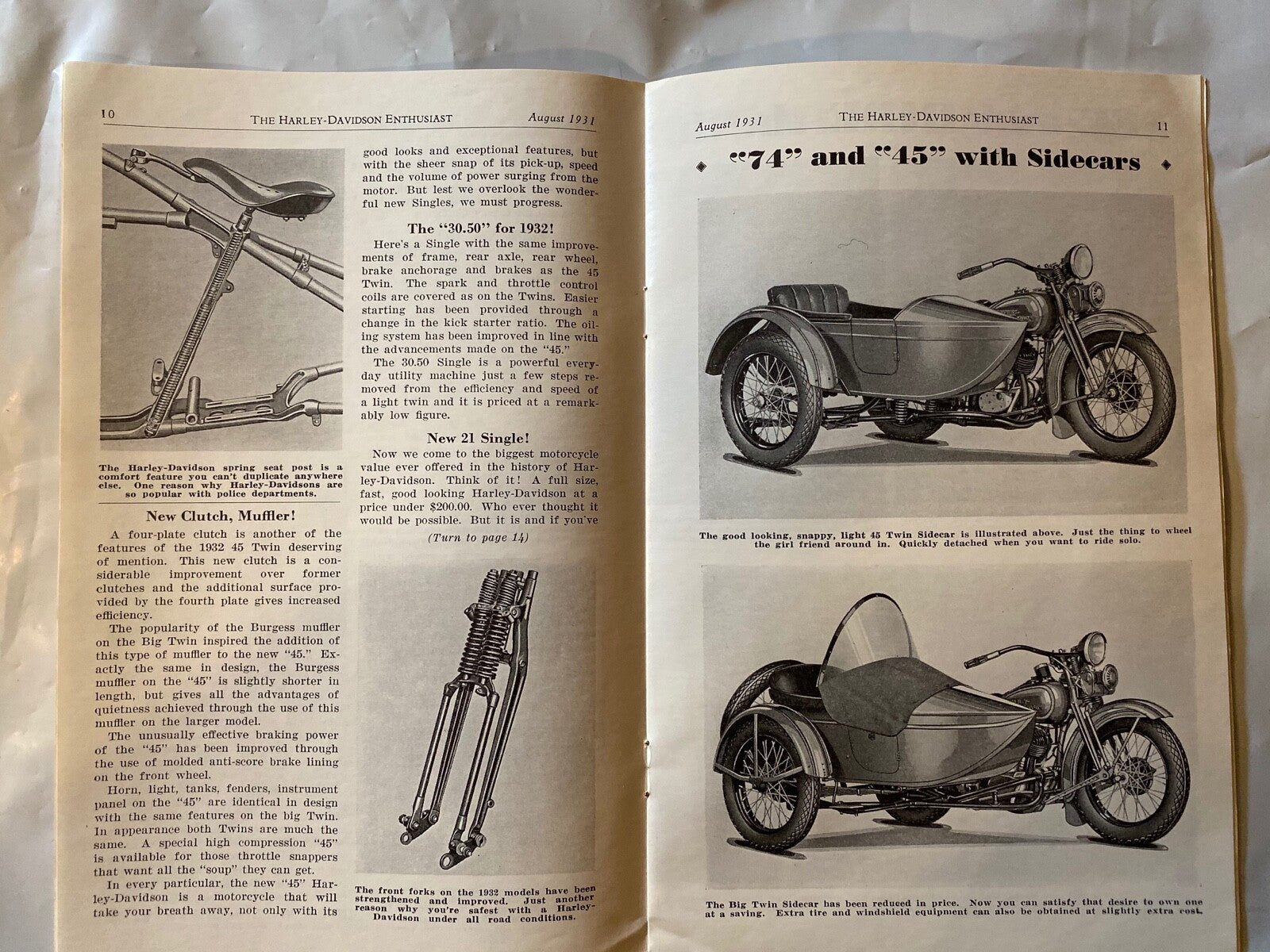 Harley Enthusiast Model Intro Issue 1932 Models Aug 1931 DL 21" Single V VL
