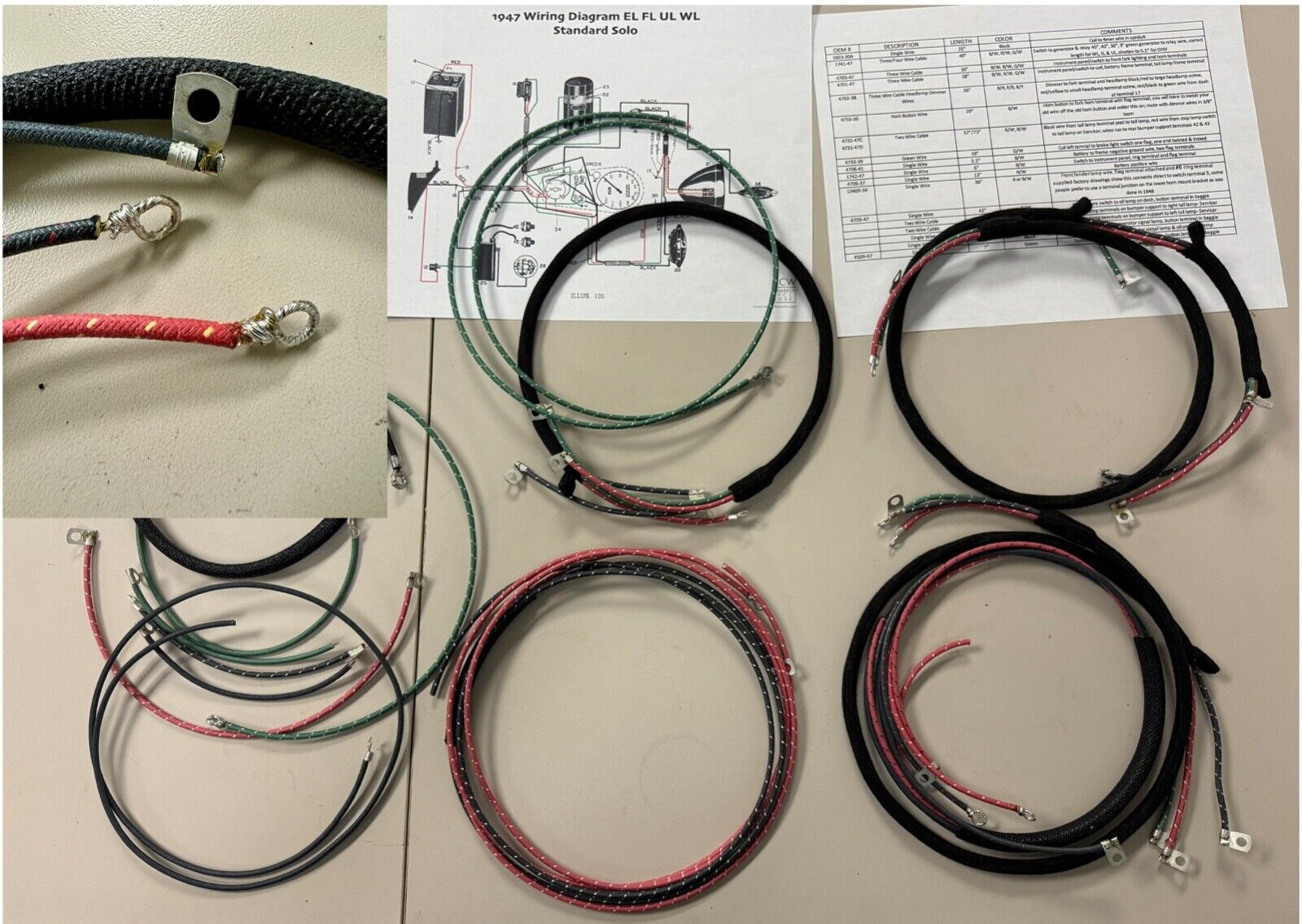 Harley WL WLD 1947 Premium Wiring Harness W/ Correct Terminals & Cotton Looms