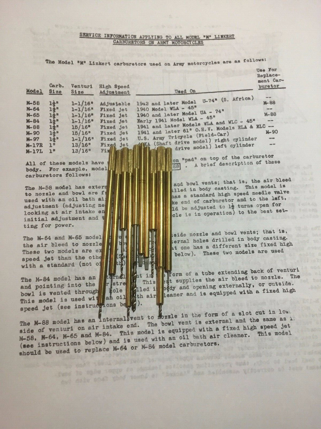 Harley Indian Linkert M-Series Passage & Slot Tool Kit w/ Tap Die & Instructions