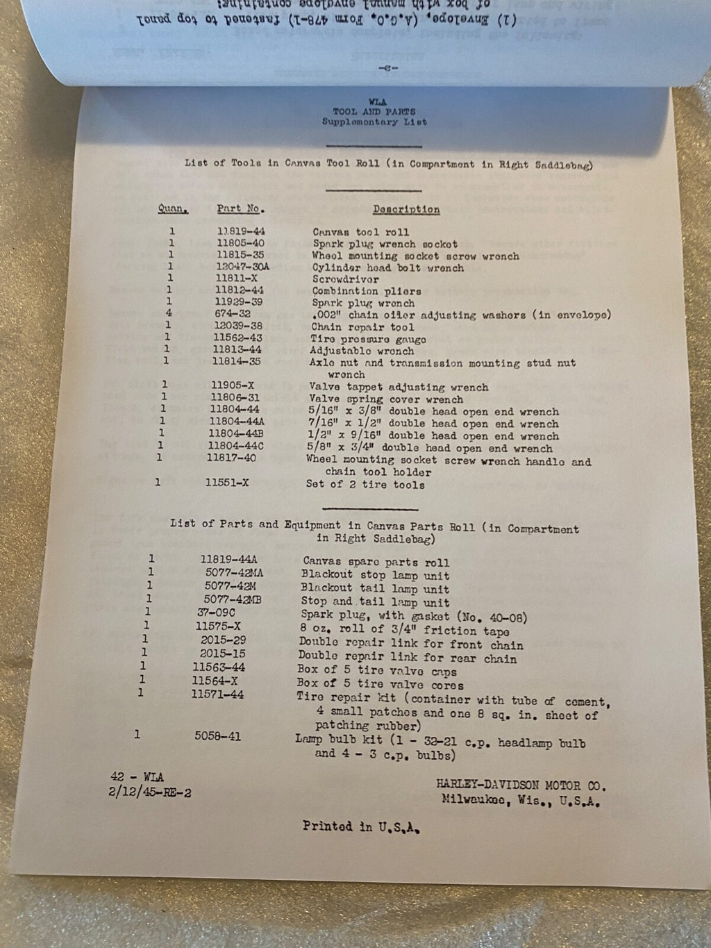 Harley WLA WLC Assembly & Uncrating Instruction Manual WW-II Military