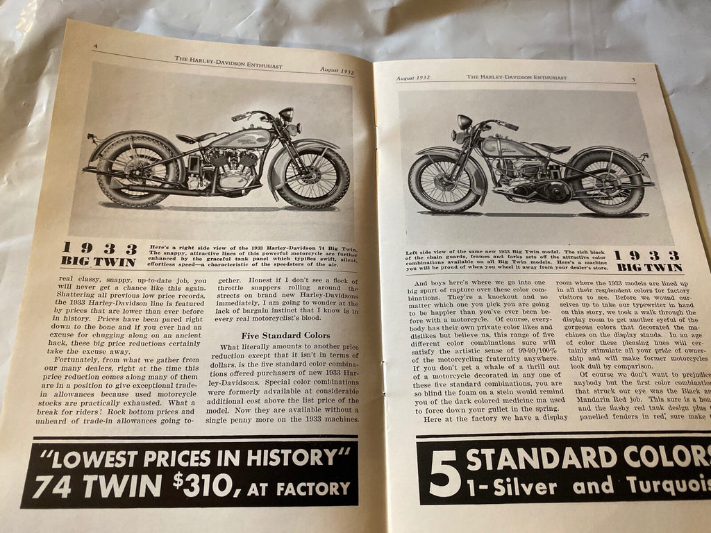 Harley Enthusiast Model Intro Issue 1933 Models Aug 1932 RL VL Servicar Delivery