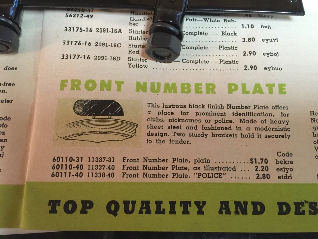 Harley 11337-40 Front Fender Plate Knucklehead Panhead Police Marker 60110-402