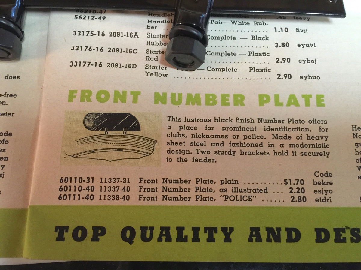 Harley 11337-40 Front Fender Plate Knucklehead Panhead Police Marker 60110-402
