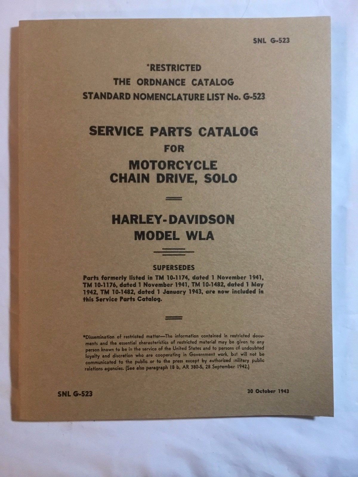 Harley WLA WLC Spare Parts Catalog Manual Book WWII 1942-1945 SNL G-523