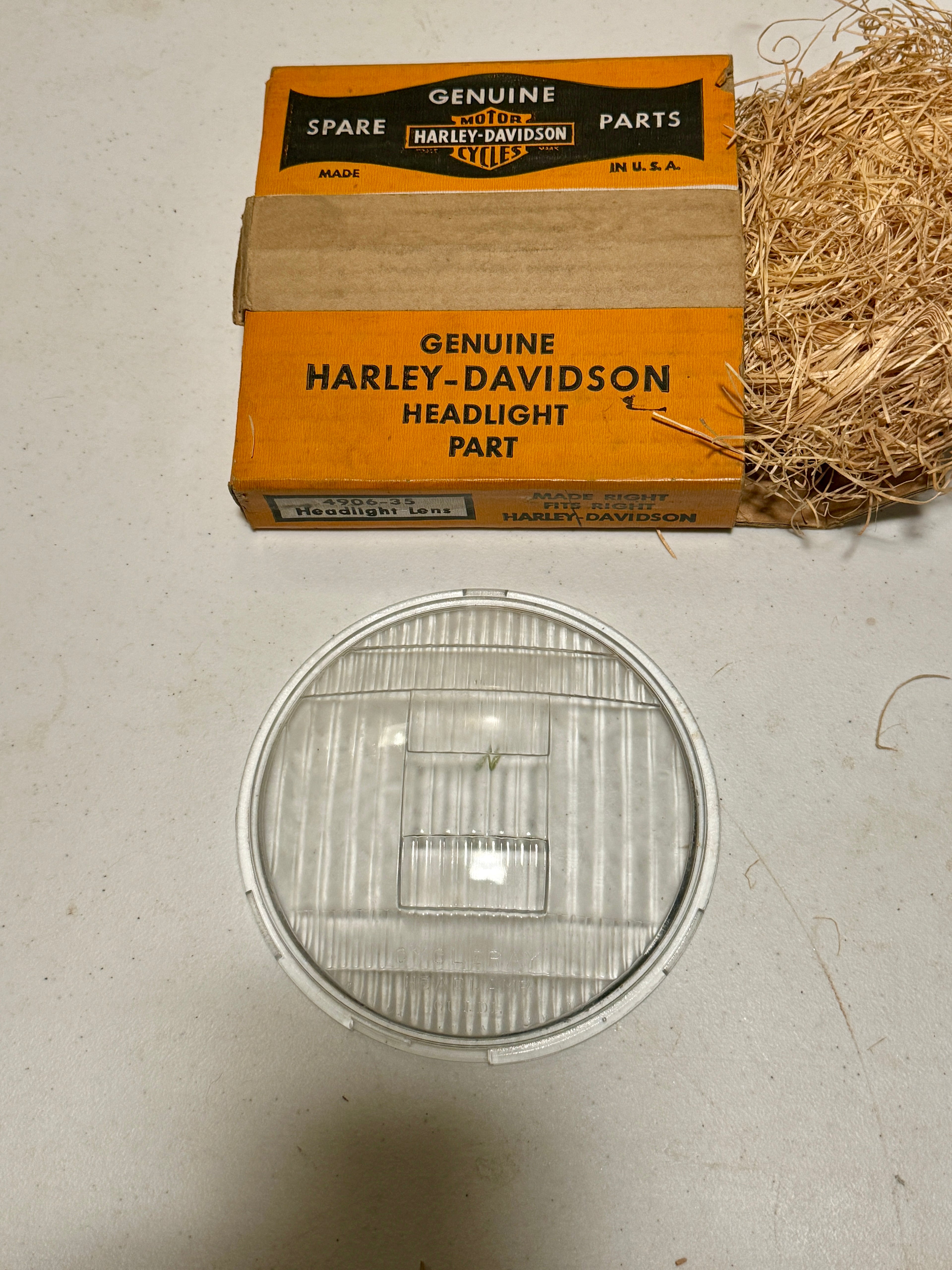 Harley NOS 4906-35 "Serif" Early Guide Cycle-Ray Headlamp Lens Knucklehead VL UL WL 1935-1942