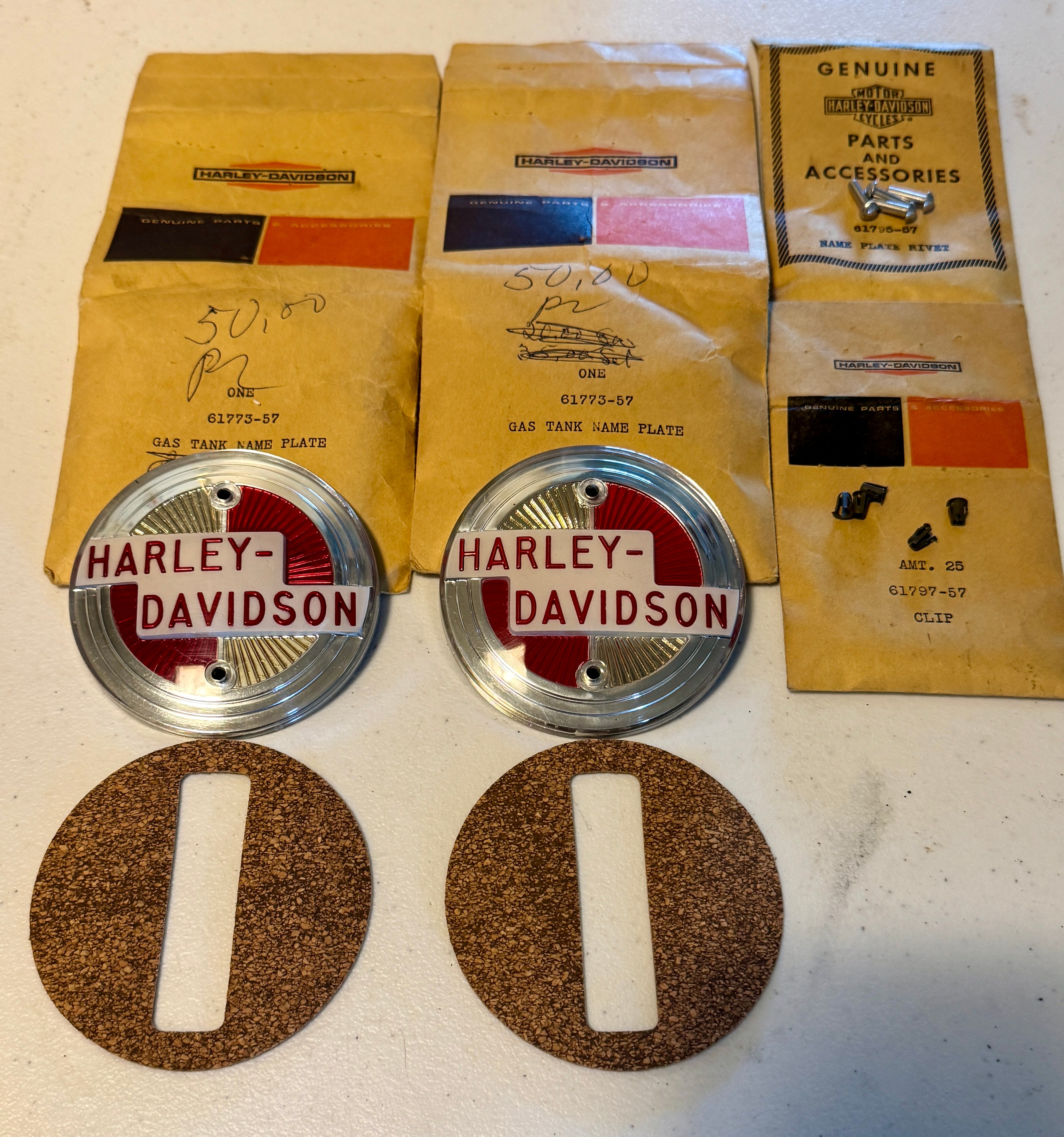 1957 Early Production Only Gas Tank Emblems Name Badges w/ Mounting Hardware & Gaskets