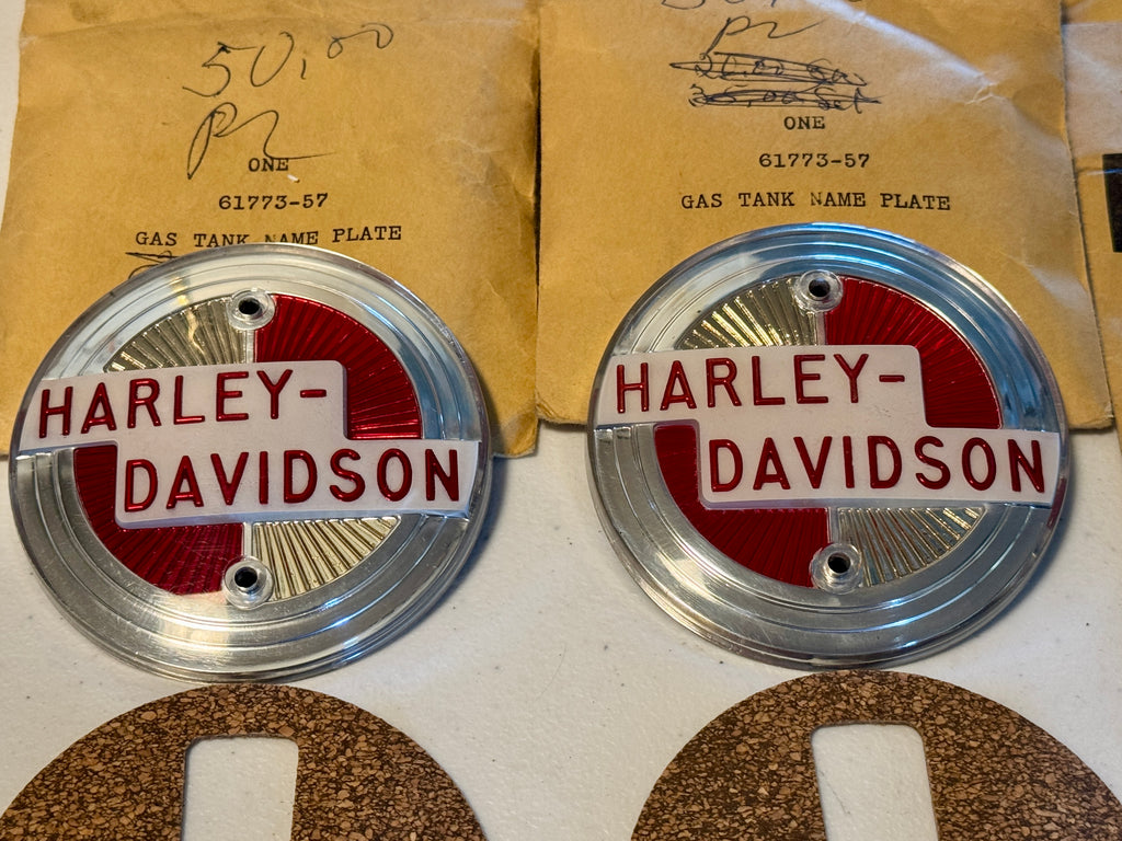 1957 Early Production Only Gas Tank Emblems Name Badges w/ Mounting Hardware & Gaskets